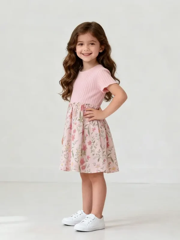 Little Maven Girls Floral Cotton Knit Short Sleeve Dress