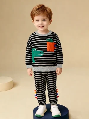 Little Maven Boys Crocodile Striped Cotton Sweatshirt & Pants Set