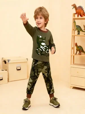 Boys Dinosaur Camo Cotton Pajamas | Warm Toddler Loungewear