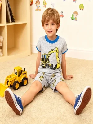 Little Maven 100% cotton toddler boy excavator t-shirt and shorts set
