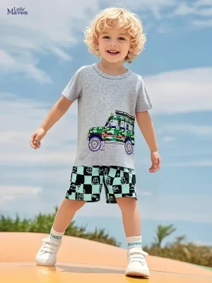Little Maven Boys Jeep T-Shirt & Plaid Shorts Adventure Set