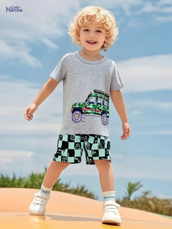 Little Maven Boys Jeep T-Shirt & Plaid Shorts Adventure Set