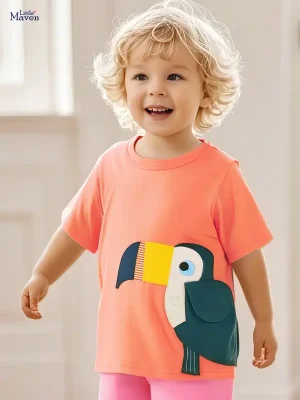 Little Maven Boys Parrot Appliqué Cotton T-Shirt | Kids Tee
