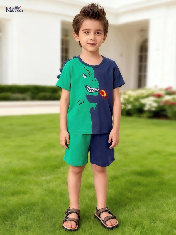 Little Maven Boys Dinosaur Appliqué Cotton Color-Blocked Short-Sleeved Shirt and Shorts Set 1 Little Maven Boys Dinosaur Appliqué Cotton Shorts Set