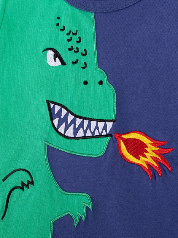 Little Maven Boys Dinosaur Appliqué Cotton Color-Blocked Short-Sleeved Shirt and Shorts Set 3 Little Maven Boys Dinosaur Appliqué Cotton Color-Blocked Short-Sleeved Shirt and Shorts Set - Image 3