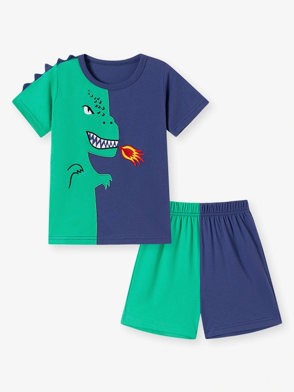 Little Maven Boys Dinosaur Appliqué Cotton Color-Blocked Short-Sleeved Shirt and Shorts Set 2 Little Maven Boys Dinosaur Appliqué Cotton Color-Blocked Short-Sleeved Shirt and Shorts Set - Image 2