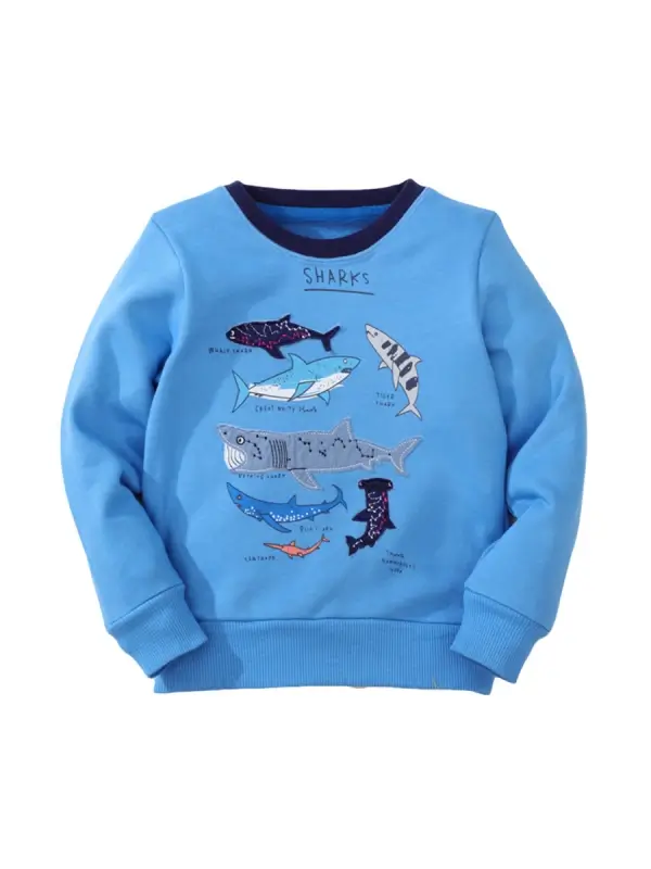 Little Maven Boys Shark Appliqué Cotton Pullover Sweatshirt 2 Little Maven Boys Shark Appliqué Cotton Pullover Sweatshirt - Image 2