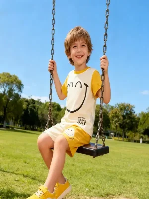 Boys Smiley Face Cotton Color-Block Shorts Set | Little Maven