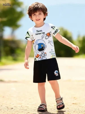 Little Maven Boys Astronaut Cotton T-Shirt & Shorts Set