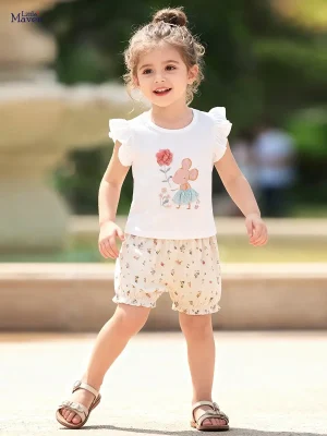 Little Maven Girls Cotton 2pcs Mouse T-Shirt & Shorts Set