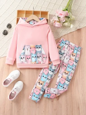 Little Maven Girls Cartoon Cat Sweatshirt & Pants Set