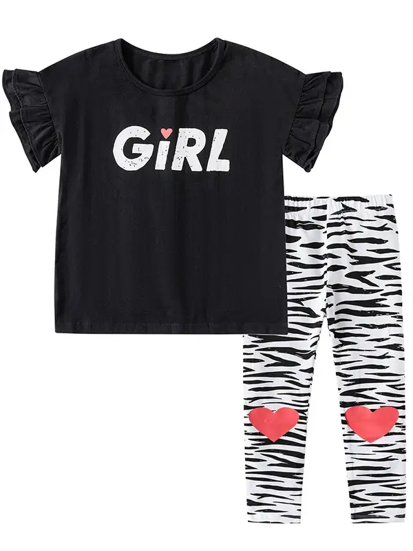 Little Maven Girls 2pcs Cotton Short-sleeved T-shirt and Black and White Striped Pants Set 3 Little Maven Girls 2pcs Cotton Short-sleeved T-shirt and Black and White Striped Pants Set - Image 3