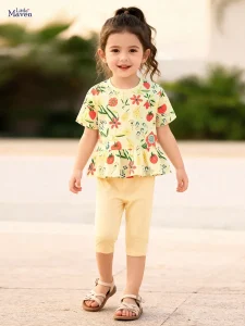 Little Maven Girls Floral Cotton T-Shirt & Capri Pants Set