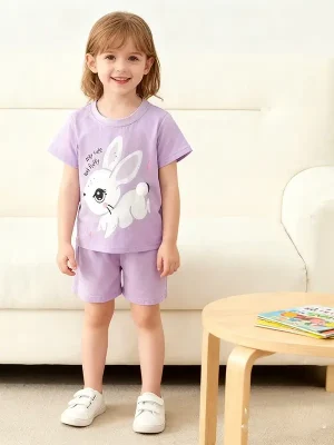 Little Maven Girls Rabbit Print Cotton T-Shirt & Shorts Set