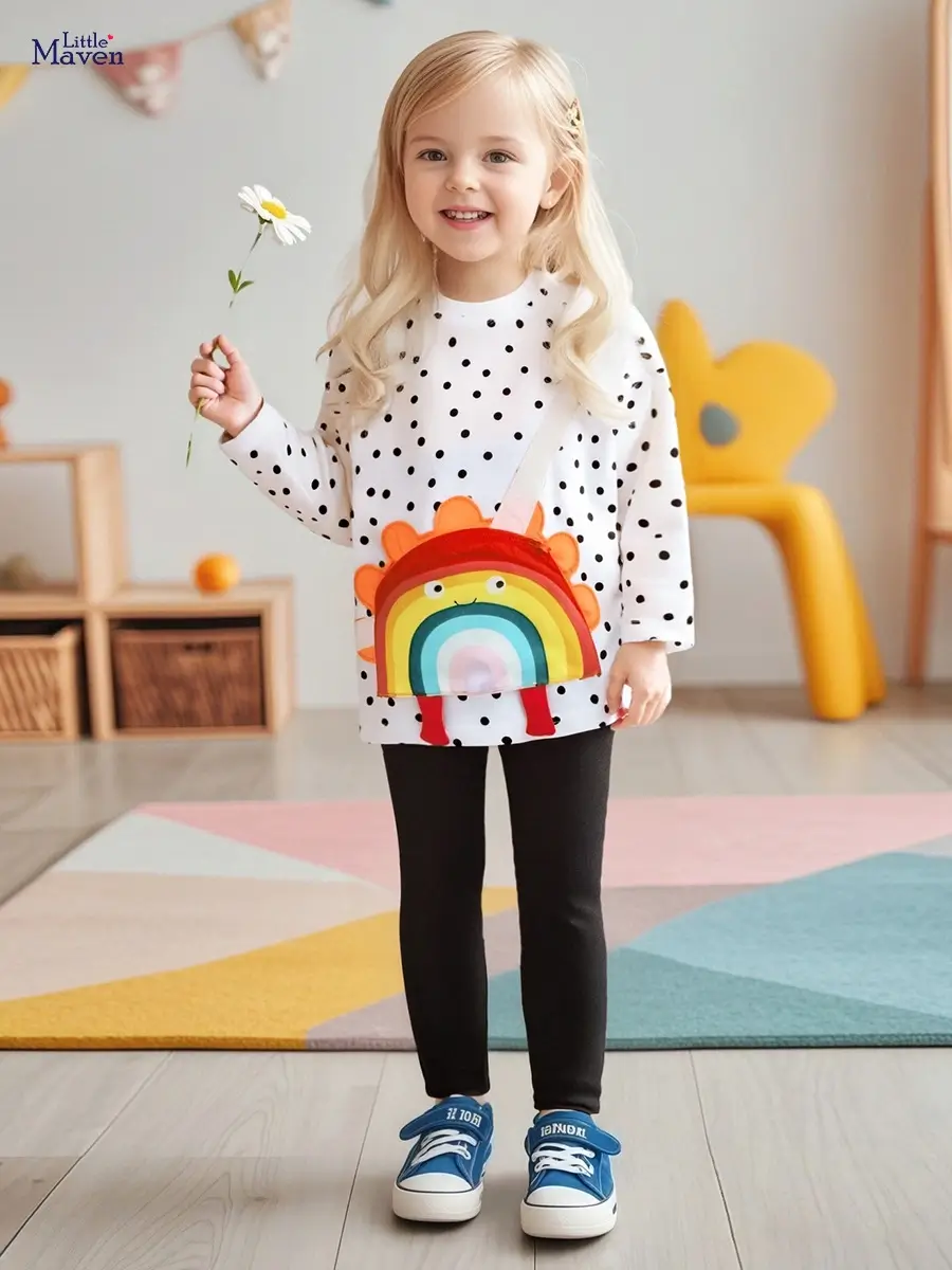 Little Maven Girls 2pcs Polka Dot Print Cotton Sweatshirt with Rainbow Pockets and Pants Set 1 Little Maven Girls Cotton Sweatshirt & Pants Set with Rainbow