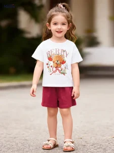 Little Maven Girls Cotton T-Shirt & Shorts Set with Bear Print