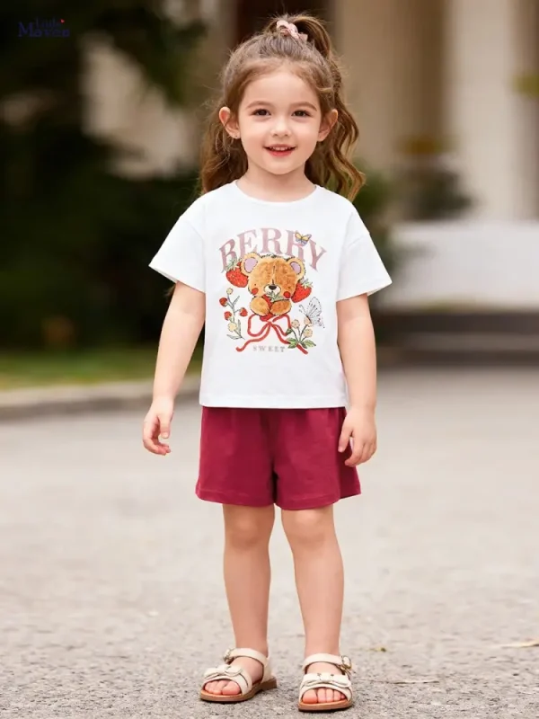 Little Maven Girls Cotton T-Shirt & Shorts Set with Bear Print