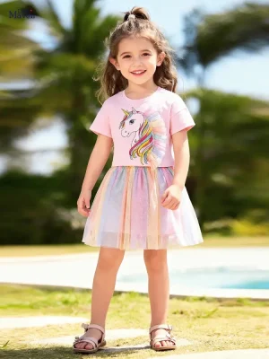 Little Maven Girls Unicorn Cotton Mesh Skirt Set