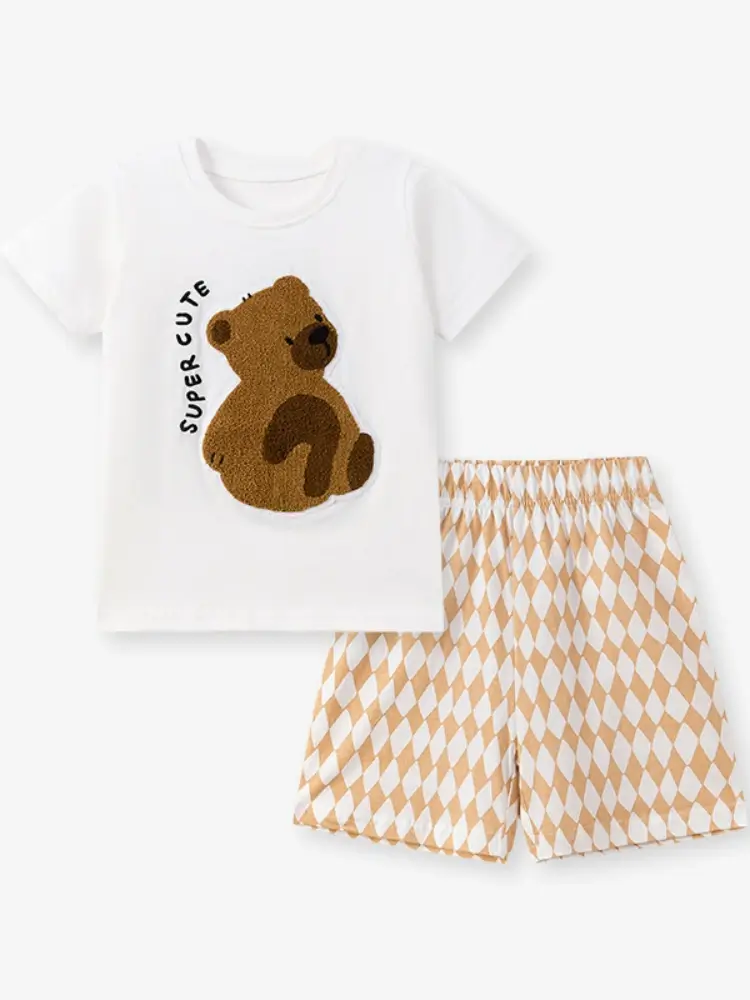 Little Maven Girls Bear Embroidery Cotton T-shirt and Plaid Shorts Set 2 Little Maven Girls Bear Embroidery Cotton T-shirt and Plaid Shorts Set - Image 2