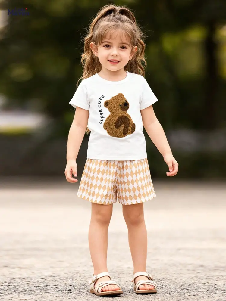 Little Maven Girls Bear Embroidery Cotton T-shirt and Plaid Shorts Set 1 Little Maven Girls Cotton T-Shirt & Plaid Shorts Set