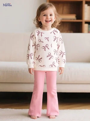 Little Maven Girls Bow Print Cotton Sweatshirt & Pants Set