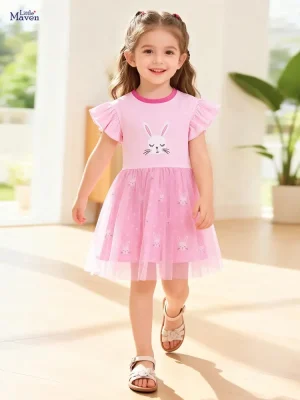 Little Maven Girls Rabbit Cotton Dress with Mesh Ruffle Sleeves