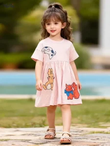 Little Maven Girls Rabbit & Cat Cotton Short Sleeve Dress