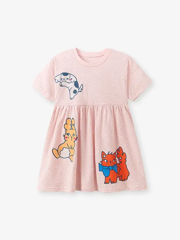 Little Maven Girls Cartoon Rabbit and Cat Print Cotton Short-Sleeved Dress 2 Little Maven Girls Cartoon Rabbit and Cat Print Cotton Short-Sleeved Dress - Image 2