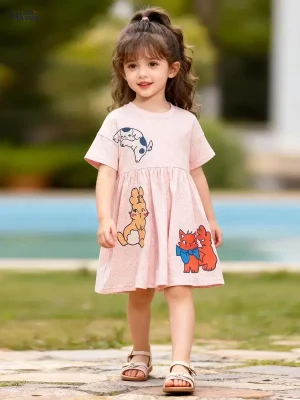 Little Maven Girls Rabbit & Cat Cotton Short Sleeve Dress