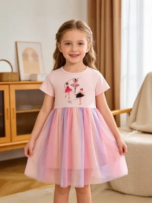 Little Maven Girls Cotton Rainbow Mesh Dress | Character Print