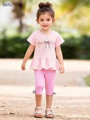 Little Maven Girls Cotton Bow T-Shirt & 7/8 Pants Set