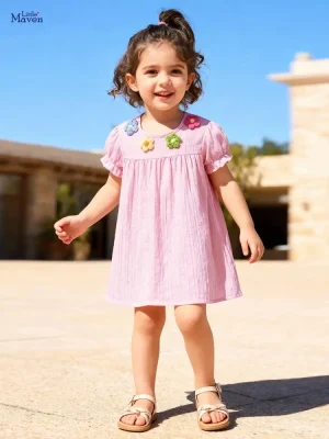 Little Maven Girls 3D Floral Cotton Mesh Dress | Breathable