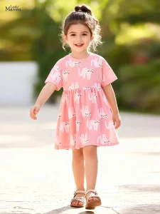 Little Maven Girls Cotton Cat Print Short Sleeve Dress