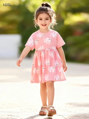 Little Maven Girls Cotton Cat Print Short Sleeve Dress