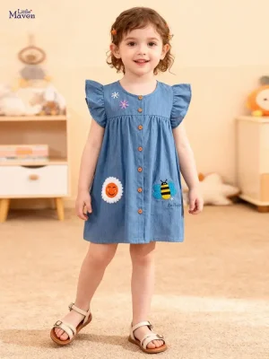 Little Maven Girls Bee & Sunflower Embroidered Denim Dress