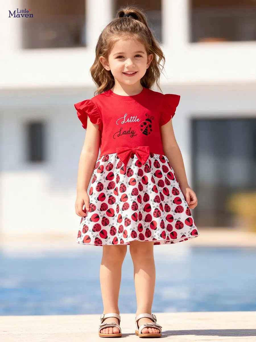 Little Maven Girls Cotton Dress with Flutter Sleeves & Insect Print 1 Little Maven Girls Cotton Dress with Flutter Sleeves & Insect Print