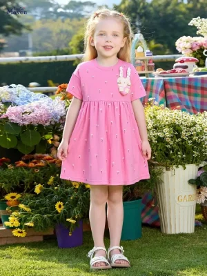 Little Maven Girls Cotton Dress with Heart & Rabbit Applique