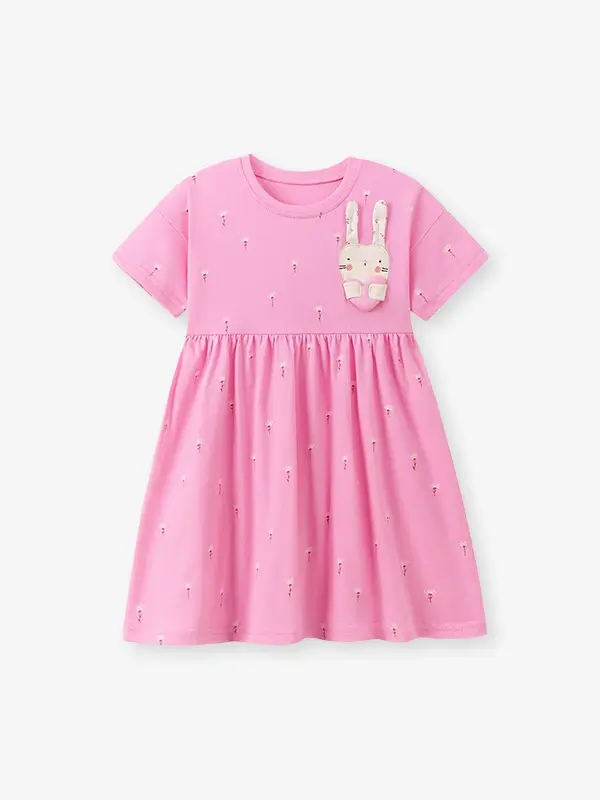 Little Maven Girls Cotton Dress with Heart & Rabbit Applique 2 Little Maven Girls Cotton Dress with Heart & Rabbit Applique - Image 2