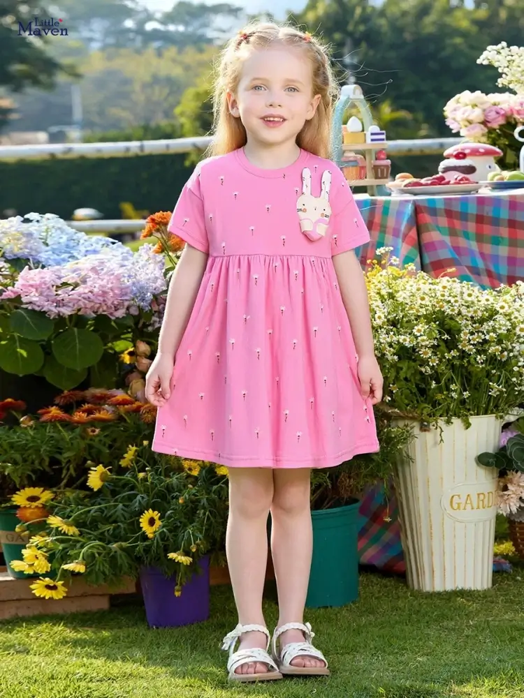 Little Maven Girls Cotton Dress with Heart & Rabbit Applique 1 Little Maven Girls Cotton Dress with Heart & Rabbit Applique