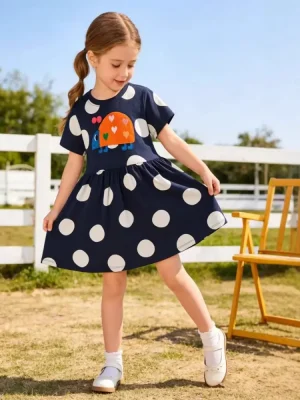 Little Maven Girls Cotton Polka Dot Dress - Insect Appliqué