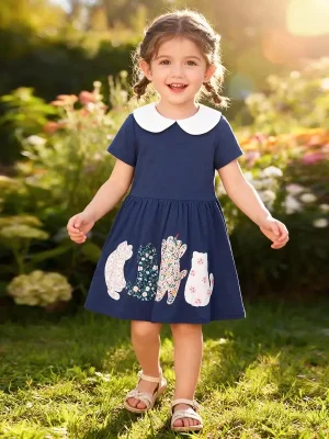 Little Maven Girls Cotton Cat Applique Short-Sleeved Dress