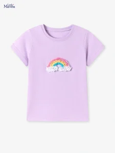 Little Maven Girls Cotton T-Shirt with 3D Colorful Feather