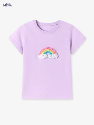 Little Maven Girls Cotton T-Shirt with 3D Colorful Feather
