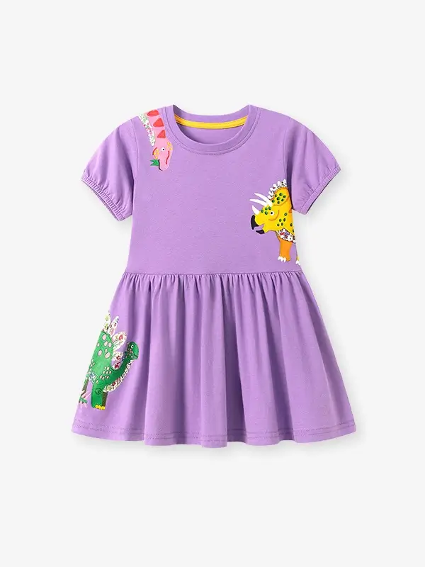 Little Maven Girls Dinosaur Appliqué Cotton Short-Sleeved Dress 2 Little Maven Girls Dinosaur Appliqué Cotton Short-Sleeved Dress - Image 2