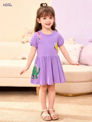Little Maven Girls Dinosaur Appliqué Cotton Short Sleeve Dress