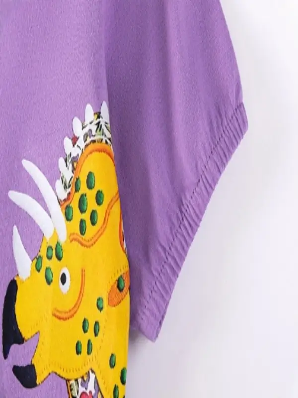 Little Maven Girls Dinosaur Appliqué Cotton Short-Sleeved Dress 5 Little Maven Girls Dinosaur Appliqué Cotton Short-Sleeved Dress - Image 5