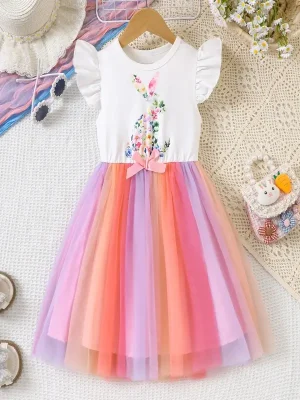 Little Maven Girls Easter Bunny Floral Mesh Dress