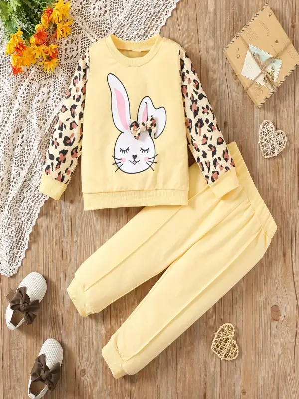 Little Maven Girls Easter Bunny Leopard Sweatshirt Set 9 Little Maven Girls Easter Bunny Leopard Sweatshirt Set - Image 9