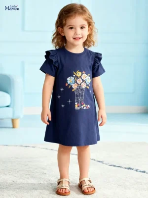 Little Maven Girls Floral Embroidered Cotton Dress