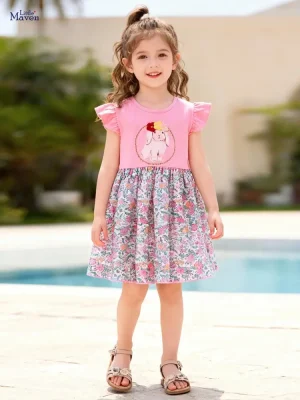 Little Maven Girls Cotton Rabbit & Floral Ruffle Dress